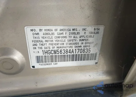 2004 Honda Accord Lx из США, поврежденный, VIN 1HGCM56384A170835